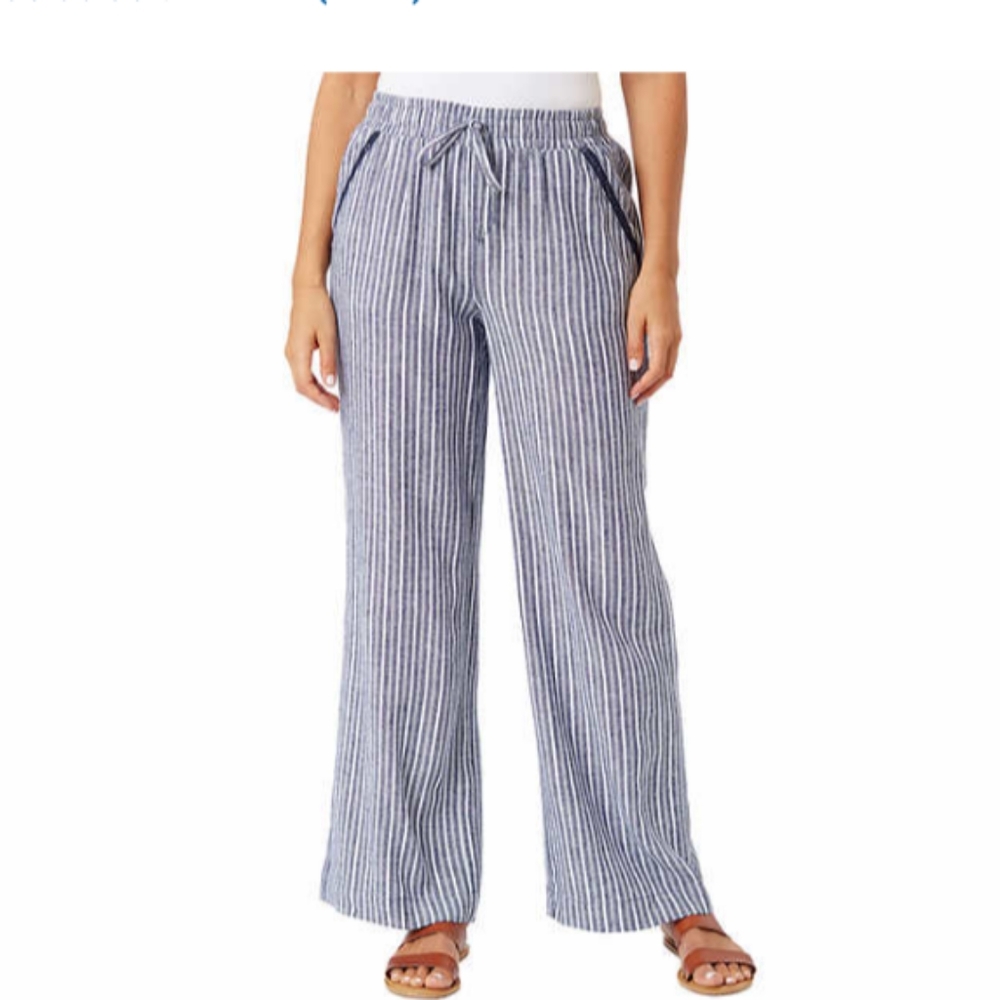 Briggs & Riley XL Blue and White Striped Wide-Leg Drawstring Trousers
